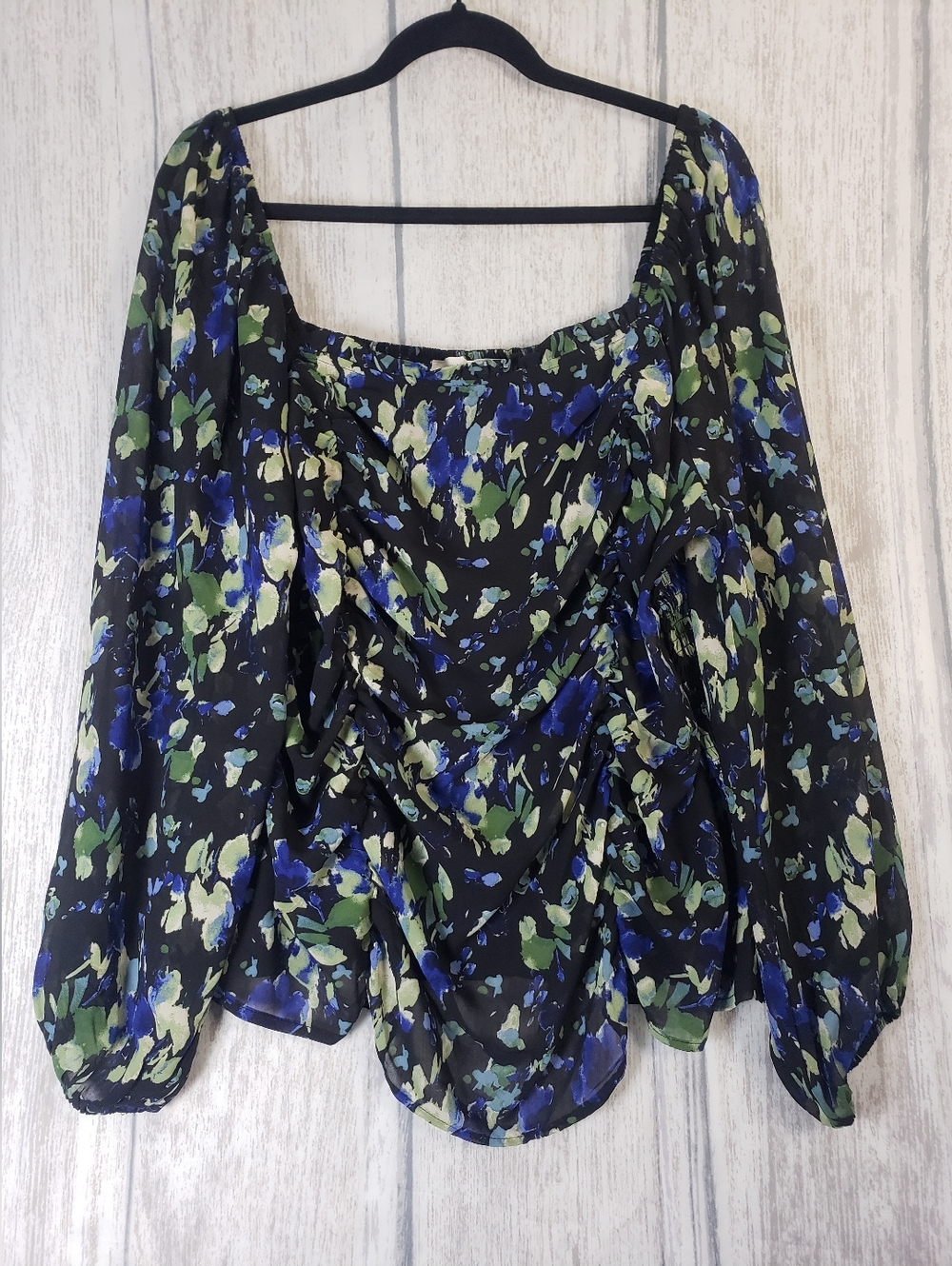 Lush Black Floral Square-Neck Blouse Ruched Front Smocked Back Stitchfix NWT 2X